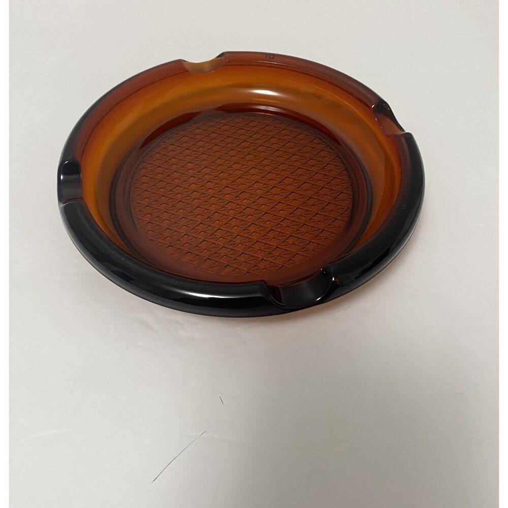 Vintage Large Round Dark Amber Glass Cigar Cigarette Ashtray 8" Heavy MCM 4 Slot